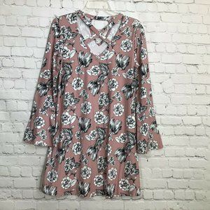 Pink Rose V neck Flare Dress Bell Sleeves M